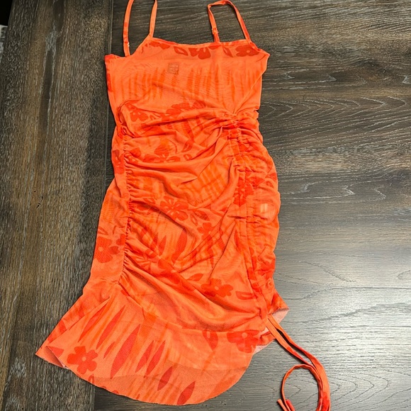 🟠 ORANGE DRAWSTRING RUCH BODYCON DRESS SIZE XS - Picture 2 of 4